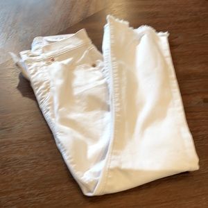 High Waisted White Kick flare jeans with frayed hem